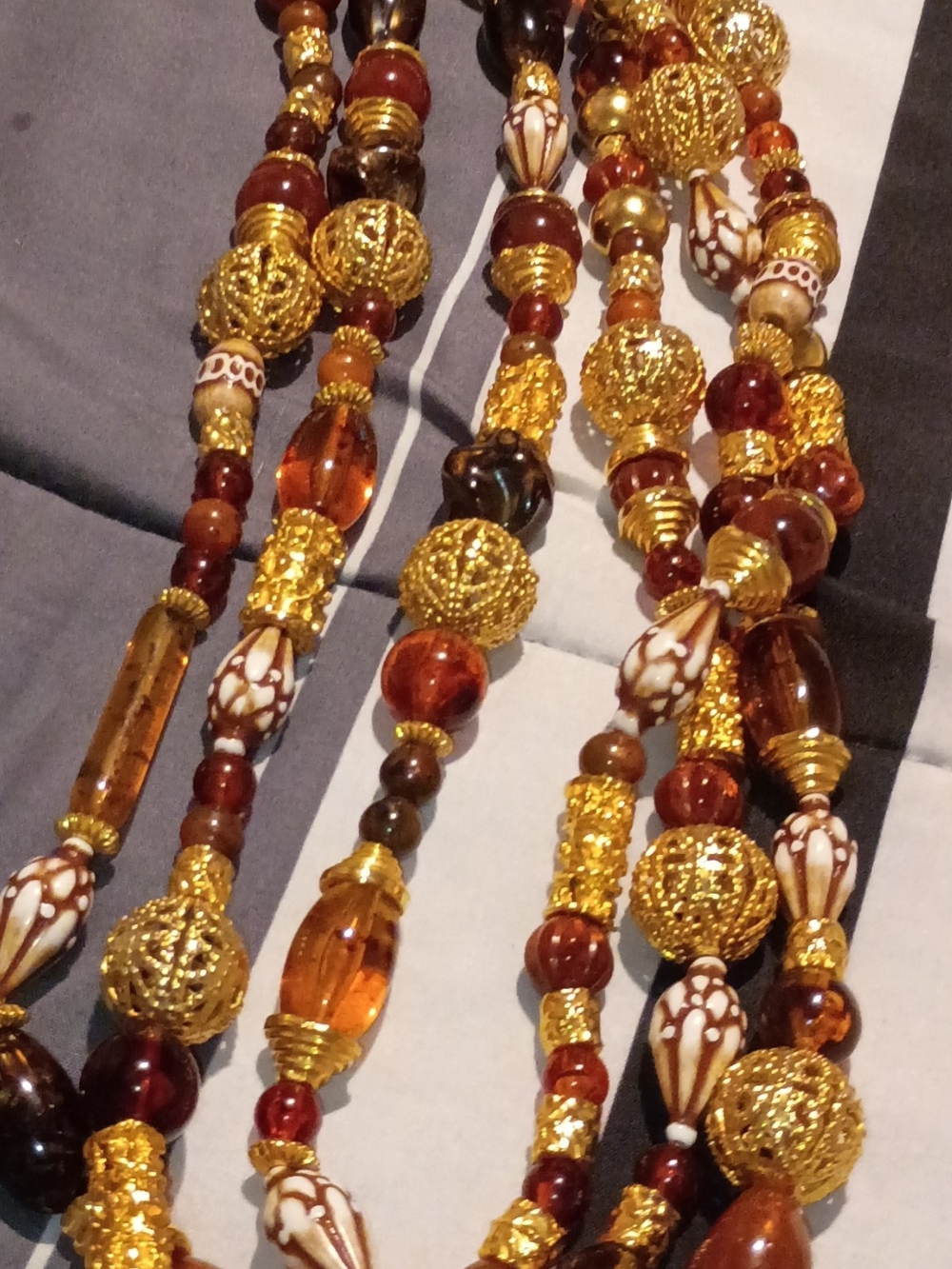 Vintage Multi-Tiered  Gold-Tone Amber Glass Beaded Chunky Statement Necklace 26"